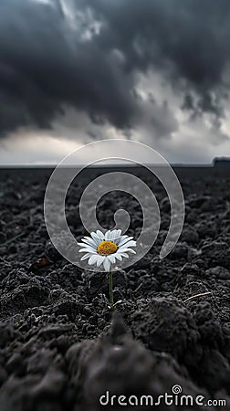 Single daisy blooming on cracked earth under stormy sky Stock Photo