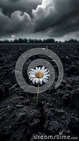 Single daisy blooming in a dark barren soil under dramatic clouds Stock Photo