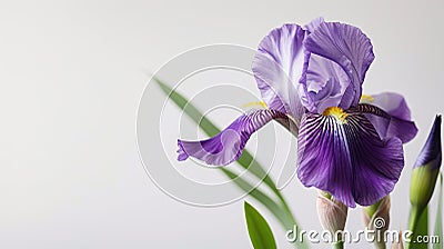 Single elegant iris on white background. Minimalistic design. Copy space Stock Photo