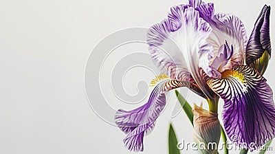 Single elegant iris on white background. Minimalistic design. Copy space Stock Photo