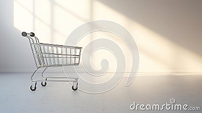 Single empty cart in bright, minimal studio with soft shadows, futuristic and modern design, representing minimal consumer needs Stock Photo