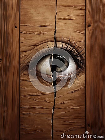 A single eye peers through a tiny crack in a wooden door a sense of dread emanating from behind it.. AI generation Stock Photo