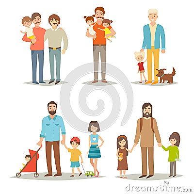 Single father with children. Happy family young group: little sisters, brothers and father Vector Illustration
