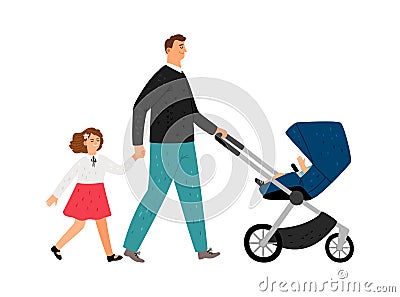 Single father with daughter and baby Vector Illustration