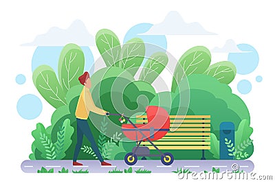 Single father with pram flat vector illustration Vector Illustration