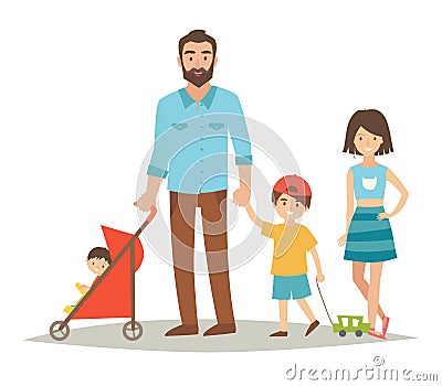 Single father with three young children. Happy family young group: sister, brother, baby in stroller and father Vector Illustration