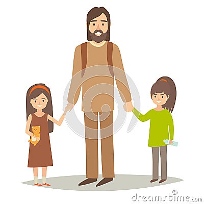 Single father with two young daughter. Happy hipster family young group: little sisters and father Vector Illustration