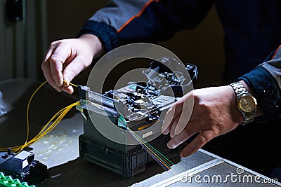 Single fiber fusion splicer welding technology work Stock Photo