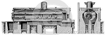 Single-flame boiler with Galloway tubes, sectional view. Stock Photo