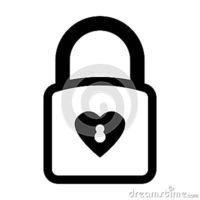 A single flat black icon locked or closed lock with heart shape and key hole in the middle Vector Illustration