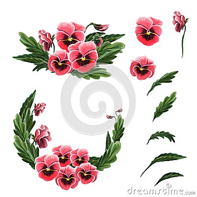Single flowers, leaves, garland and a bouquet of red pansies isolated on a white background. Cartoon Illustration