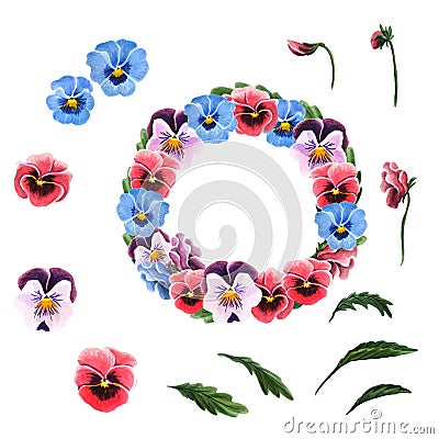 Single flowers, leaves, garland of colorful pansies isolated on a white background. Cartoon Illustration