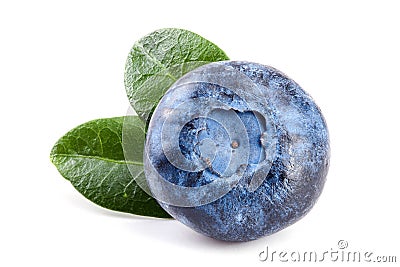 Single fresh blueberry with leaf isolated on white background Stock Photo