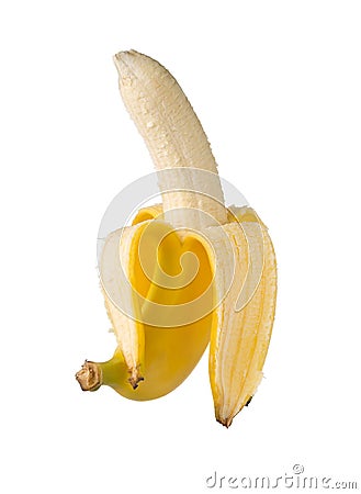 Single fresh, yellow, ripe banana half peeled Stock Photo