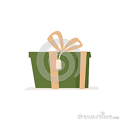 Single giftbox vector illustration. Green square present with yellow ribbon bow flat design isolated on white background. Vector Illustration
