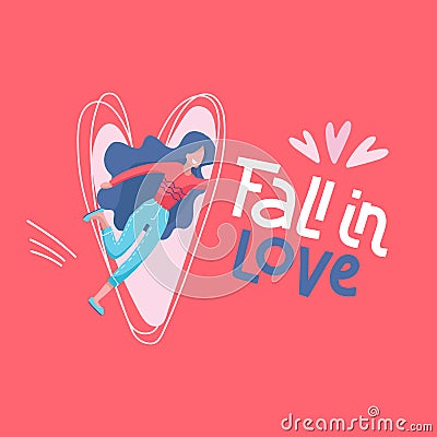 Single Girl falls into the portal in the form of a heart. Romantic cute illustration about love and relationship. Fall Vector Illustration