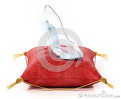 Single glass shoe standing on red velvet cushion. 3D illustration Cartoon Illustration