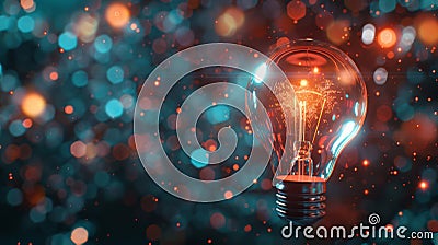 Single glowing light bulb standing out against a bokeh background, symbolizing a unique idea. Ideal for themes of Stock Photo