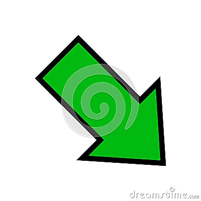 Single green arrow, diagonal arrow sign right down isolated on white Vector Illustration