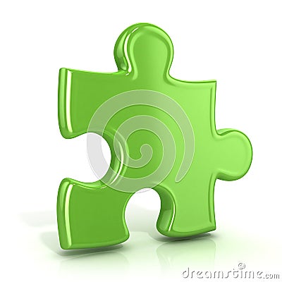 Single, green, standing jigsaw puzzle piece. Usual angle Stock Photo