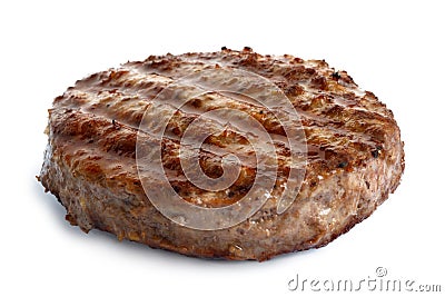 Single grilled hamburger patty on white. Stock Photo