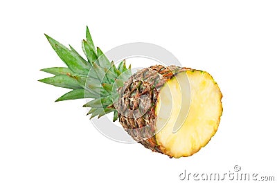 Single half of whole fresh ripe pineapple with green leaves isolated on white Stock Photo