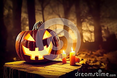 Single halloween Jack-o`-lantern pumpkin with a scary triangular face carved in, standing on a old wood being illuminated by candl Stock Photo
