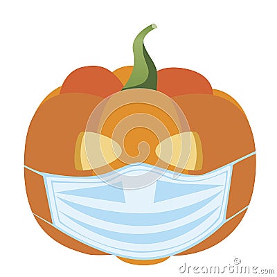Single halloween pumpkin in medical mask isolated on white background for design, flat vector stock illustration with pumpkin in Vector Illustration