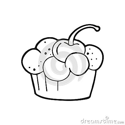 Single hand drawn cupcake with cherry. In doodle style, black outline isolated on a white background. Cute element for card, Cartoon Illustration