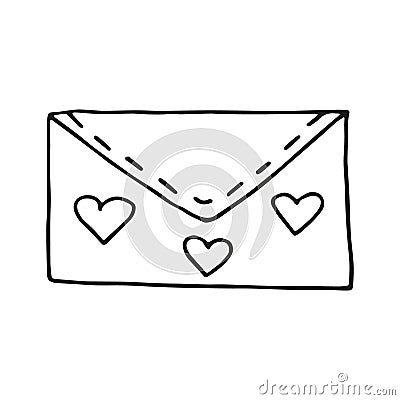 Single hand drawn envelope with a love message. In doodle style, black outline isolated on a white background. Cute element for Cartoon Illustration