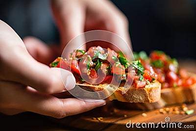 single hand grasping a piece of bruschetta Stock Photo