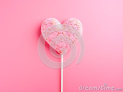 Single heart shaped lollipop candy on pastel pink background. Valentines day card. Stock Photo