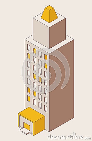 Single high-rise building isometric drawn with outline mode. Business center good for office and living in yellow and brown Stock Photo