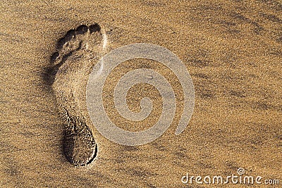Single human barefoot footprint of left foot in brown yellow sand beach background, summer vacation or climate change concept Stock Photo
