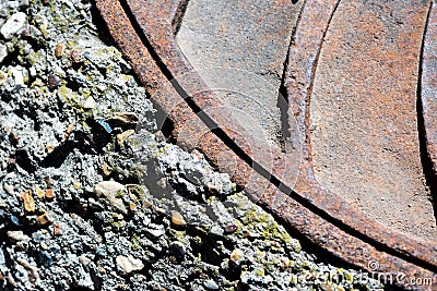 Closeup of a Metal Manhole Cover Stock Photo