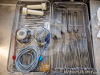 single instrument tray contains various surgical instruments Stock Photo