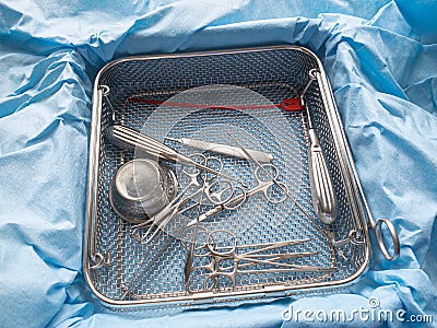 single instrument tray contains various surgical instruments Stock Photo