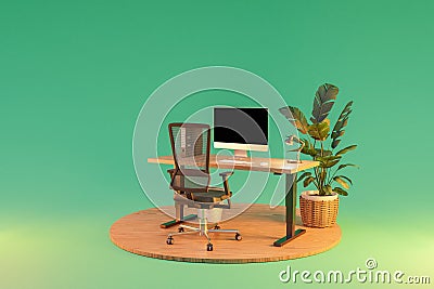 single isolated computer workspace on wooden podium with adjustable desk and plant freelance and home office concept 3D Stock Photo