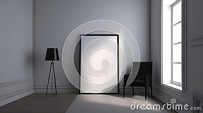 Single Large Empty Frames with Black Chair and Lamp - Generative AI Stock Photo