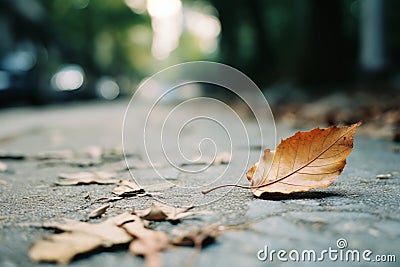 a single leaf lying on the ground in the middle of a street Stock Photo