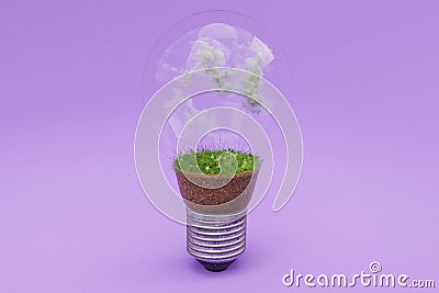 single lightbulb with green soil and clouds renewable clean energy concept 3D Illustration Stock Photo