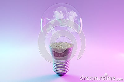 single lightbulb with green soil and clouds renewable clean energy concept 3D Illustration Stock Photo