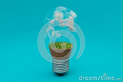 single lightbulb with green soil and clouds renewable clean energy concept 3D Illustration Stock Photo