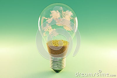 single lightbulb with green soil and clouds renewable clean energy concept 3D Illustration Stock Photo