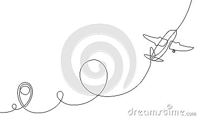 Single line drawing of airplane flight path with start point, one line art of jet airliner takeoff Vector Illustration