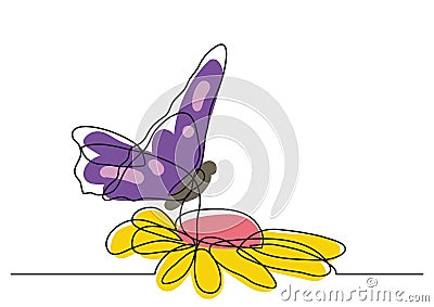 Single line drawing of butterfly and flowers Vector Illustration