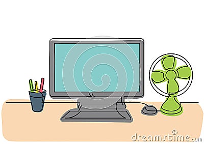 Continuous line drawing of work desk with computer and cooling fan Vector Illustration