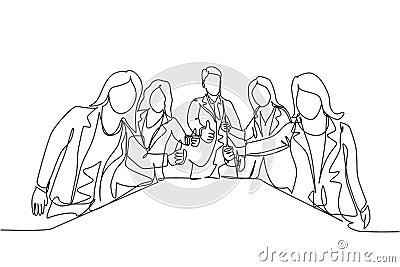 Single line drawing group of young happy businessmen and businesswoman standing up together and giving thumbs up gesture. Business Vector Illustration