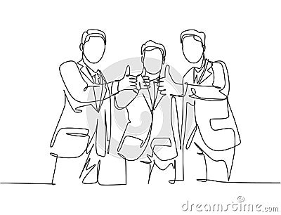 Single line drawing of young businessmen wearing suit standing up together after meeting and giving thumbs up gesture. Business Vector Illustration