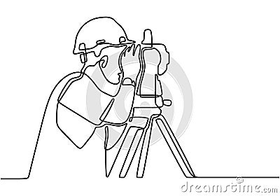 Single line drawing of young construction worker using land measuring instrument. Civil workman wearing helmet and uniform Vector Illustration